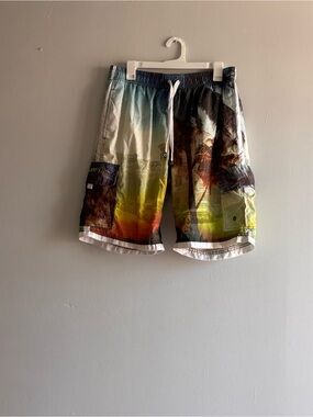 B Split Men’s Sun Waves  Drawstring Cargo Shorts SZ XXL Surf  Swim Beach Trunks